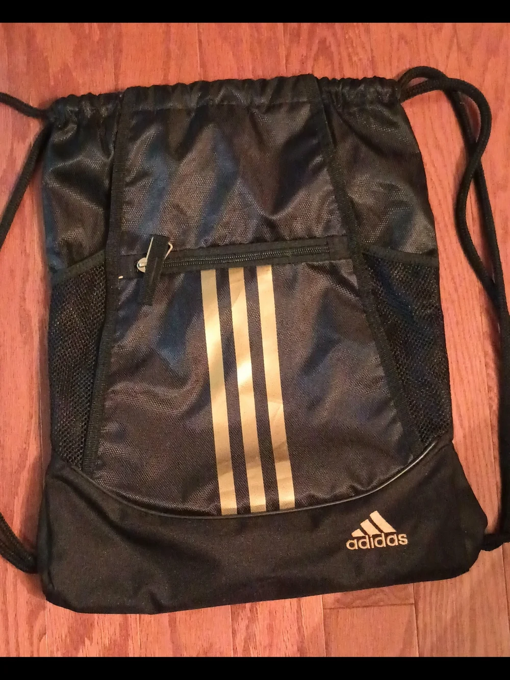 Adidas Black & Gold Drawstring Sackpack Backpack w/ Zipper & Mesh Pockets
